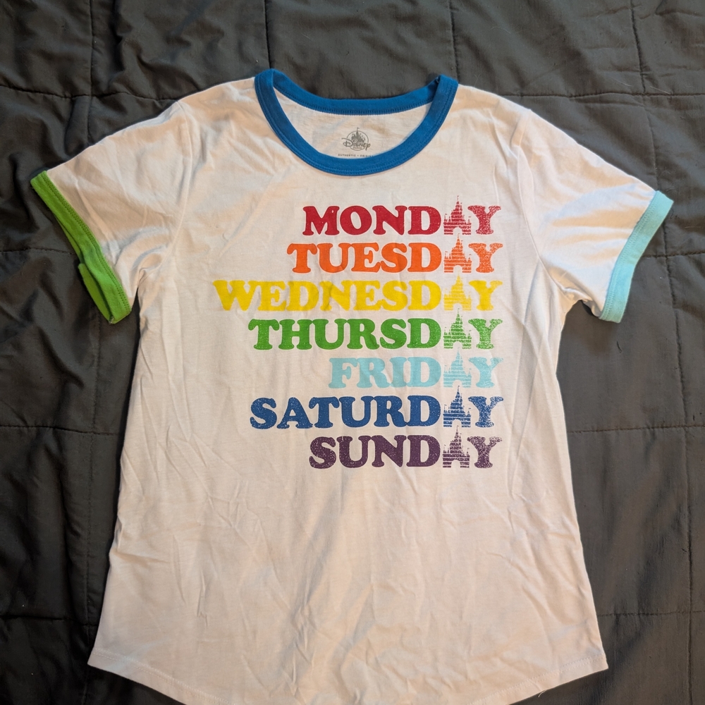 Disney Parks Rainbow Days of the Week Women's Cut T-Shirt, Size Small